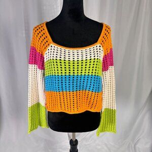 Wild Fable, Bright Multicolor Striped Crochet Knit Long-Sleeve Crop Top, Large,